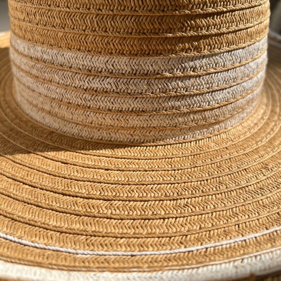 Kensie Straw Beach Hat with Hand painted White Stripes - So Chic! - Picture 3 of 14